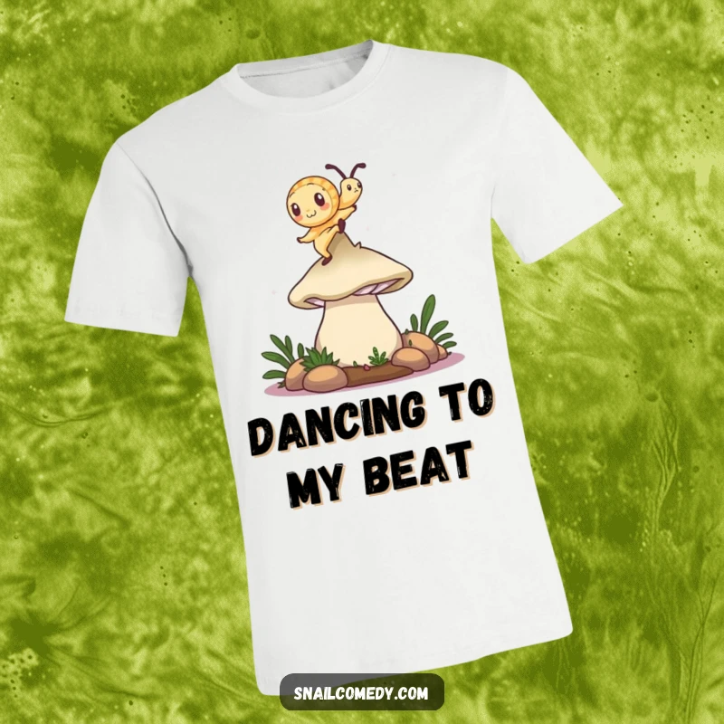 Funny snail t-shirt depicting a snail dancing energetically on a giant mushroom cap, a celebration of joy and freedom.