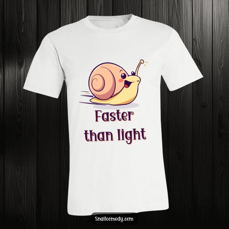 Excited kawaii snail zooming forward with surprising speed on a t-shirt, embodying fast and funny energy.