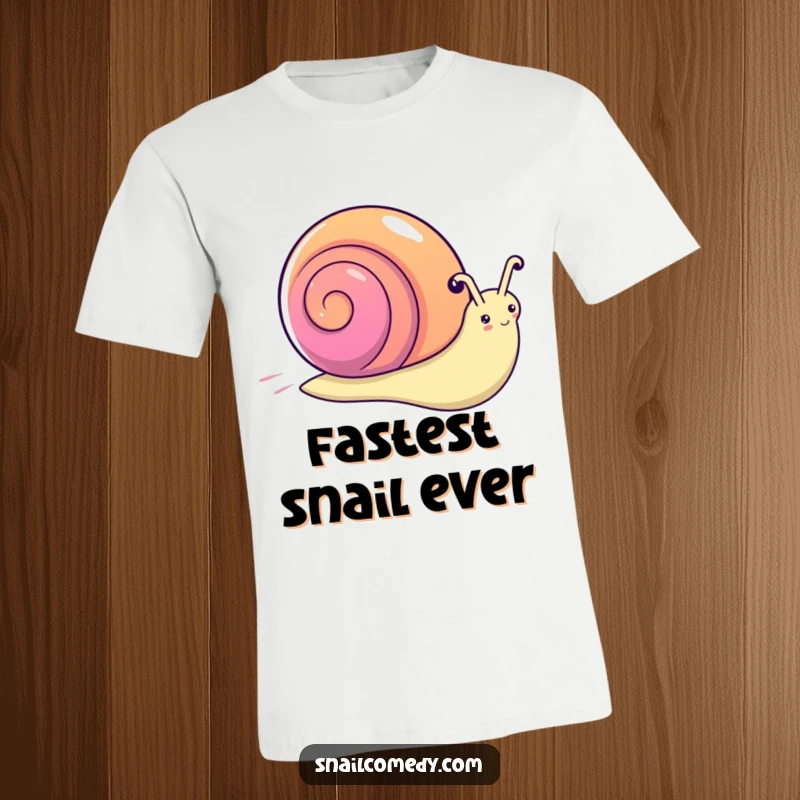 Funny kawaii snail t-shirt, a snail with a bright rainbow shell moving very fast across the screen.