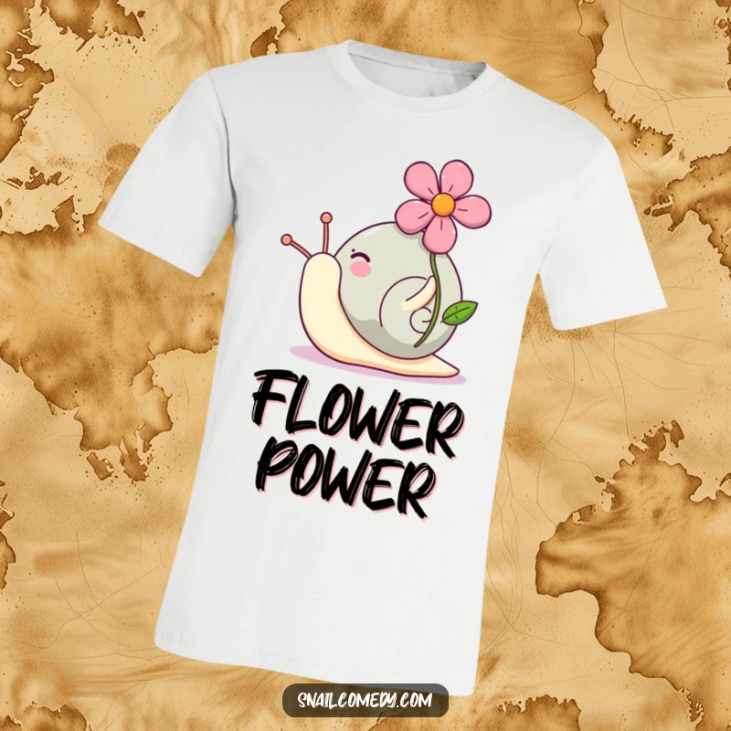 Funny Kawaii snail t-shirt depicting a cute snail proudly carrying a bright flower on its shell, radiating joy and excitement.