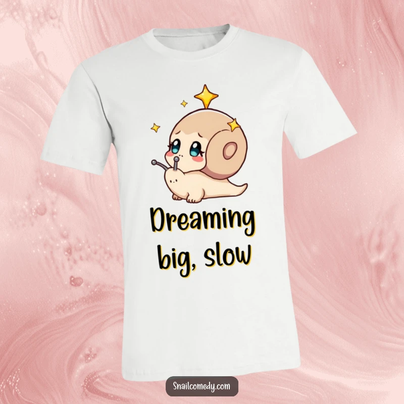 Funny t-shirt showing a snail looking up with curiosity at a vast, star-filled night sky. Cosmic wonder.