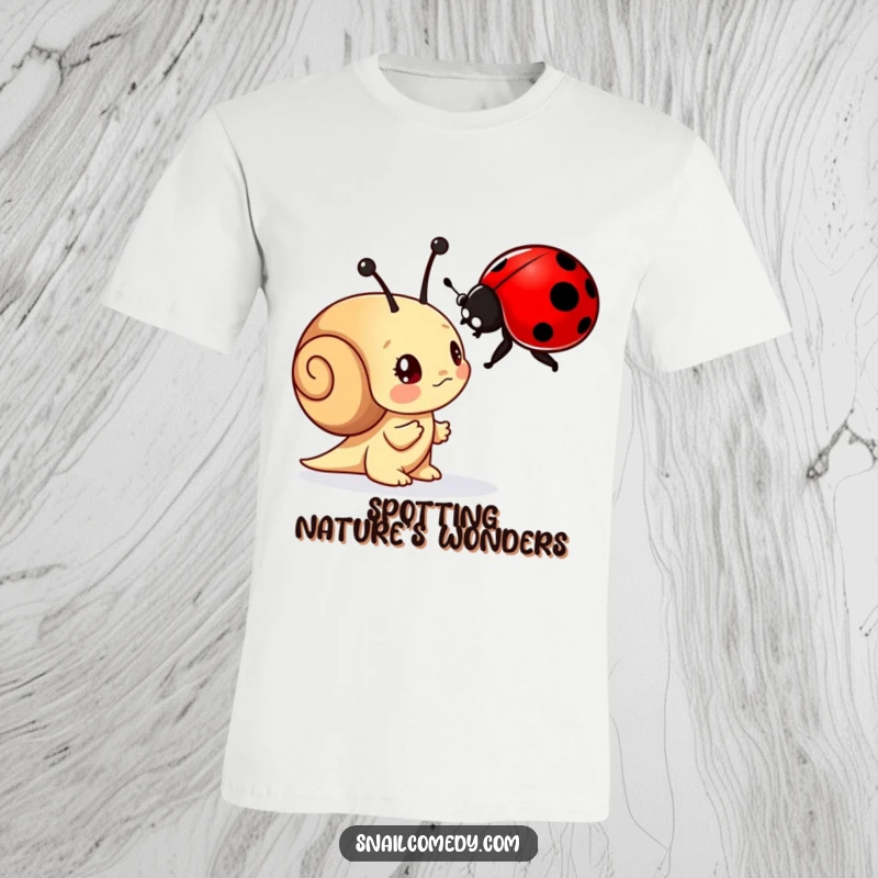 Funny t-shirt featuring a curious snail character examining a vibrant ladybug with awe and fascination, highlighting nature's beauty.