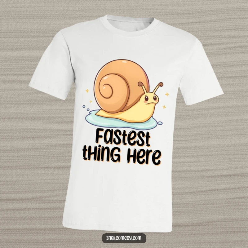 Funny T-Shirt: An excited snail is zipping along, leaving a trail of sparkling slime, conveying a sense of hilarious speed.