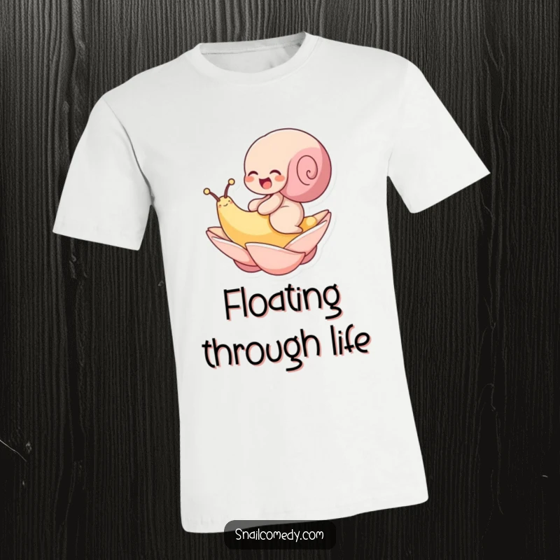 Funny t-shirt showing a snail in mid-giggle, happily riding on a floating petal. A picture of pure fun.