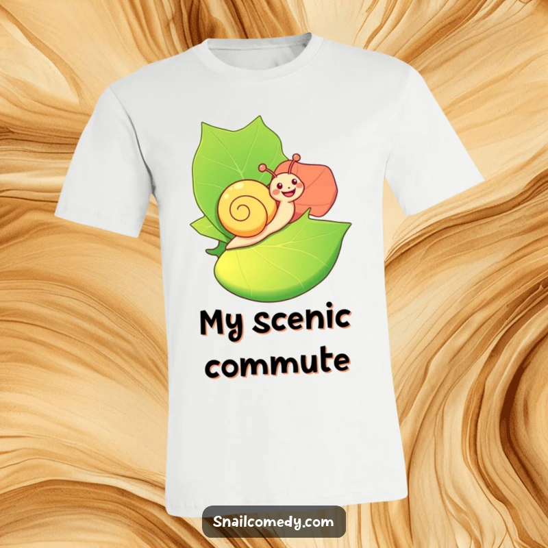 Funny T-Shirt: A happy snail is depicted joyfully riding on a large, vibrant leaf, showcasing a peaceful and fun journey.