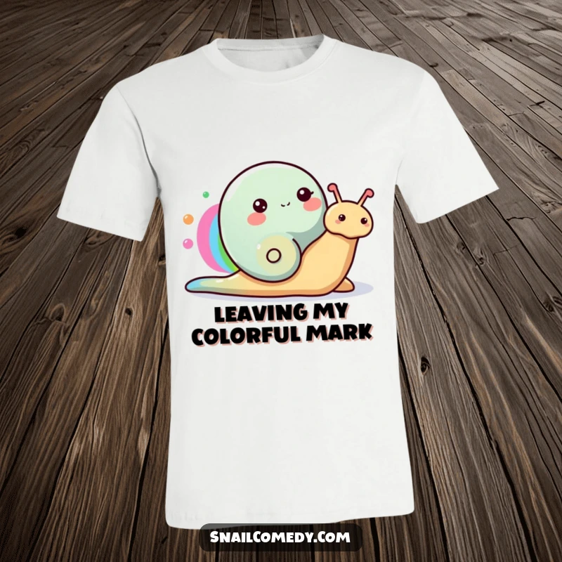 Funny Snail T-Shirt of a happy snail leaving a trail of rainbow colors as it paints a beautiful rainbow.