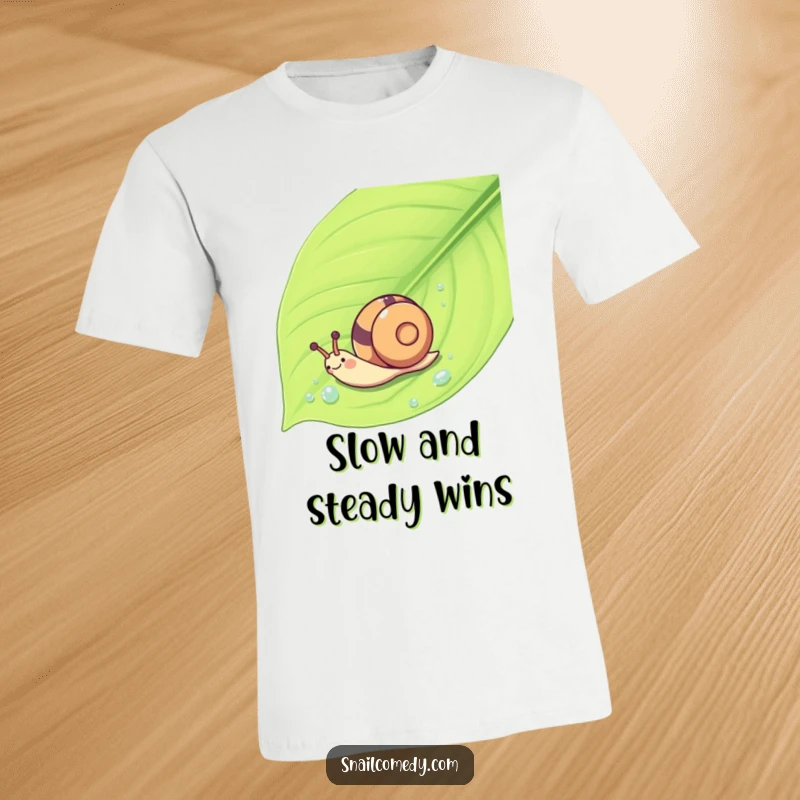 Funny Kawaii snail joyfully sliding down a wet leaf, embodying playful humor and a carefree spirit.