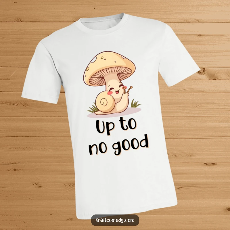 Funny Snail T-Shirt of a mischievous snail peeking out from under a big mushroom, looking like it's giggling.