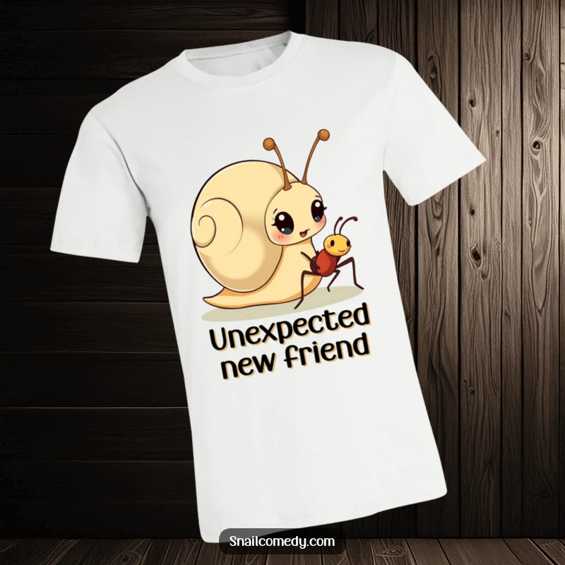 Funny t-shirt featuring a startled snail character meeting a cheerful ant, celebrating unexpected friendships and funny moments.