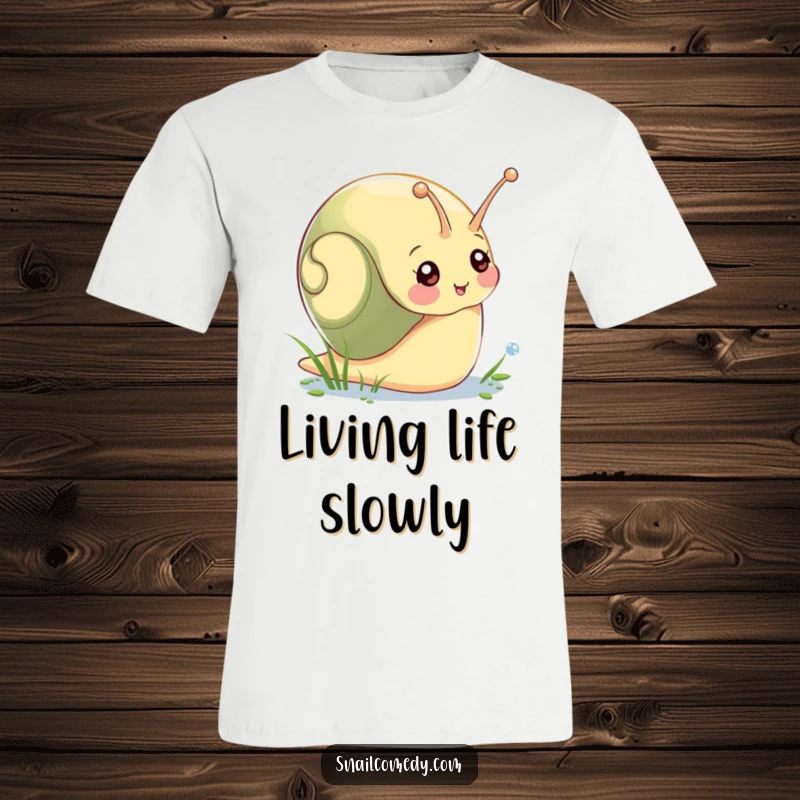 Funny t-shirt featuring a cheerful snail character stretching its slime trail to catch sparkling morning dew. A symbol of slow joy.