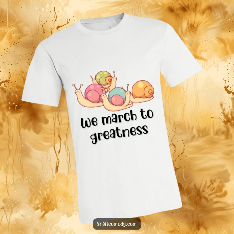 Funny t-shirt featuring snails with colorful shells marching in a line, a fun and vibrant procession.