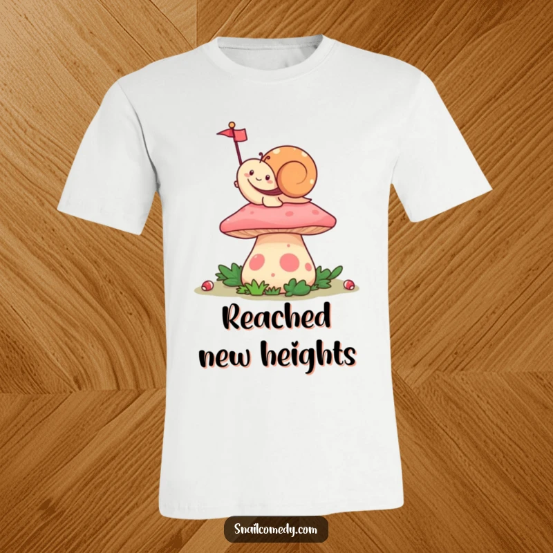 Funny Kawaii Snail T-Shirt, happily waving a tiny flag from atop a colorful mushroom, showcasing cheerful celebration and humor.