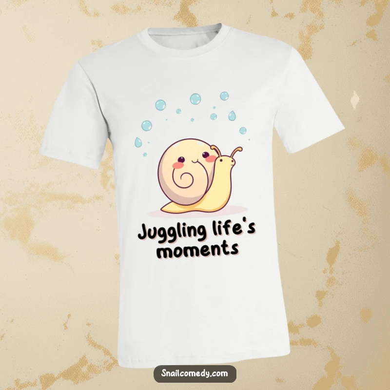 Funny kawaii snail t-shirt, a happy snail skillfully juggling tiny raindrops.