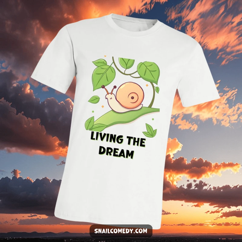 Funny kawaii snail t-shirt depicting a snail joyfully sliding down a leafy slope.