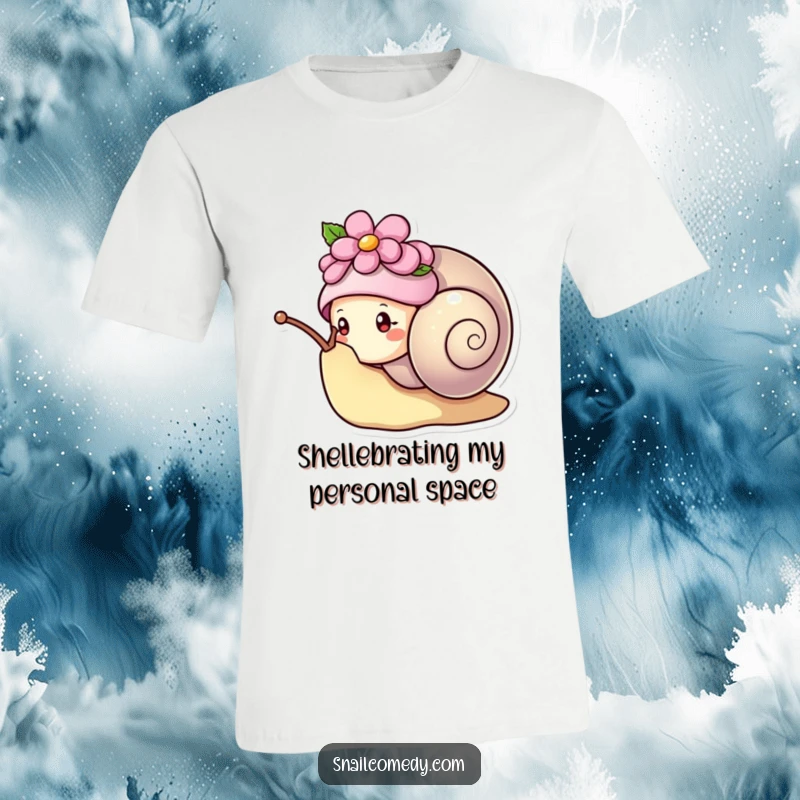 Funny kawaii snail wearing a flower hat, peeking curiously from its shell, adorable and humorous t-shirt.