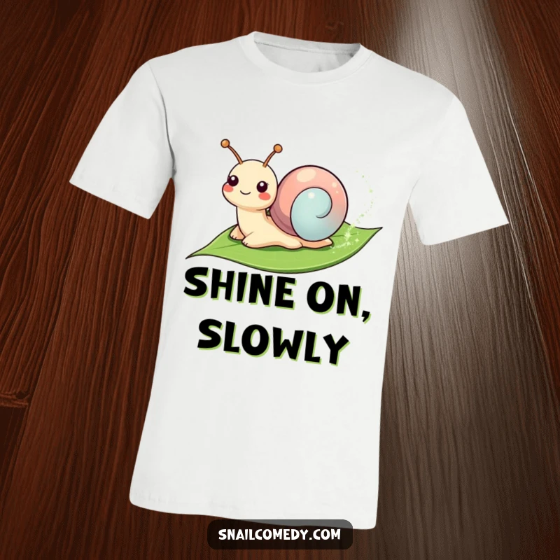 Funny T-Shirt: A smiling snail leaving a shimmering, sparkly trail on a leaf, embodying happiness and enchantment.