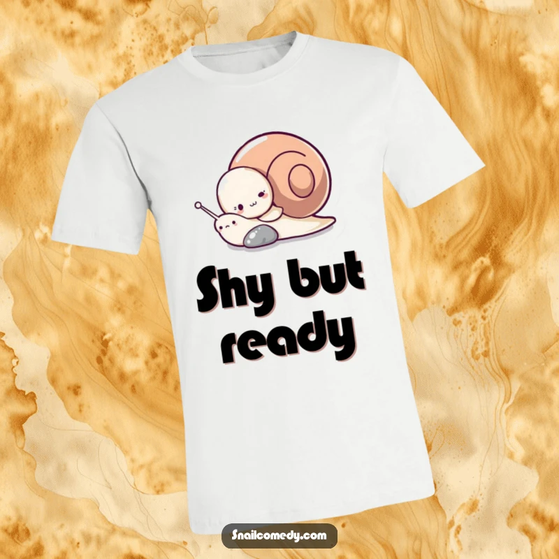 Funny t-shirt featuring a shy snail character peeking out from behind a smooth pebble, promoting lighthearted fun and mystery.