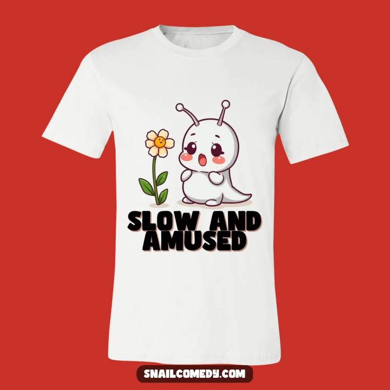 Funny Snail Surprised by Giggling Flower T-Shirt - Whimsical and Humorous Apparel