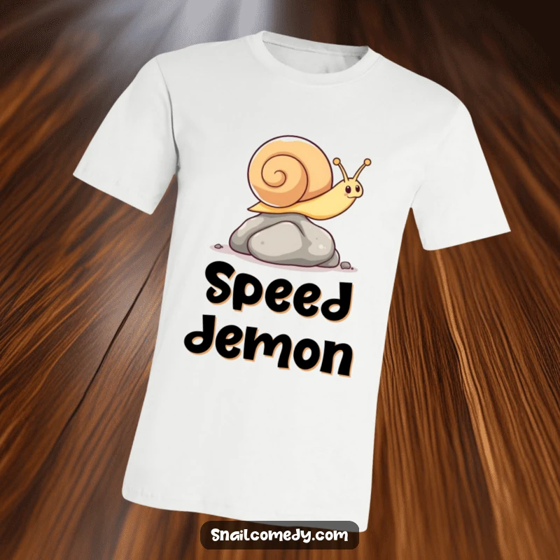 Funny kawaii snail t-shirt, showing an energetic snail leaping high over a small pebble with surprising agility.