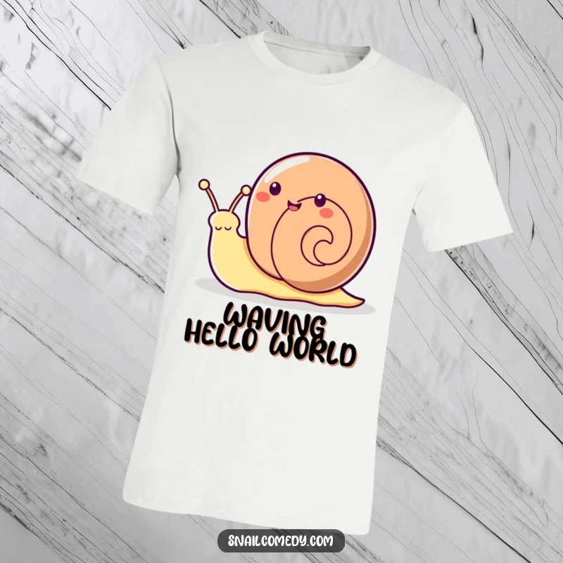 Funny Kawaii snail enthusiastically waving using its antennae, captured on a t-shirt.