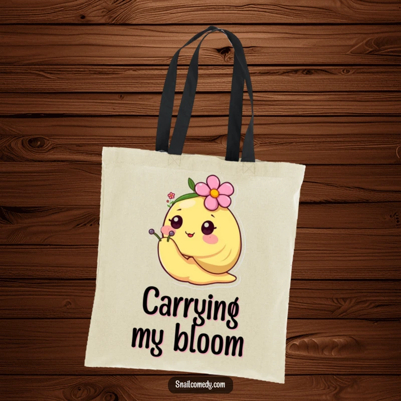 Happy kawaii snail wearing a tiny flower hat on a durable tote bag, for cheerful outings.