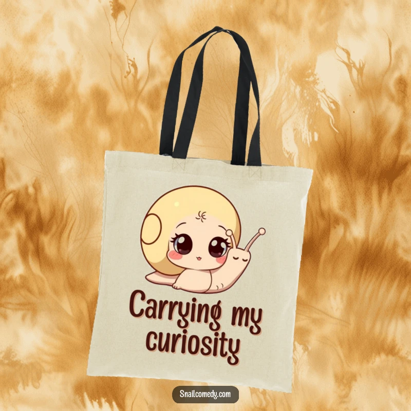Funny snail tote bag featuring a wide-eyed, curious snail peeking out of its shell, ready for shopping and adventures.
