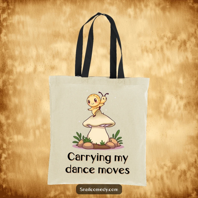 Funny snail tote bag with a snail dancing on a mushroom cap, a charming and functional accessory.