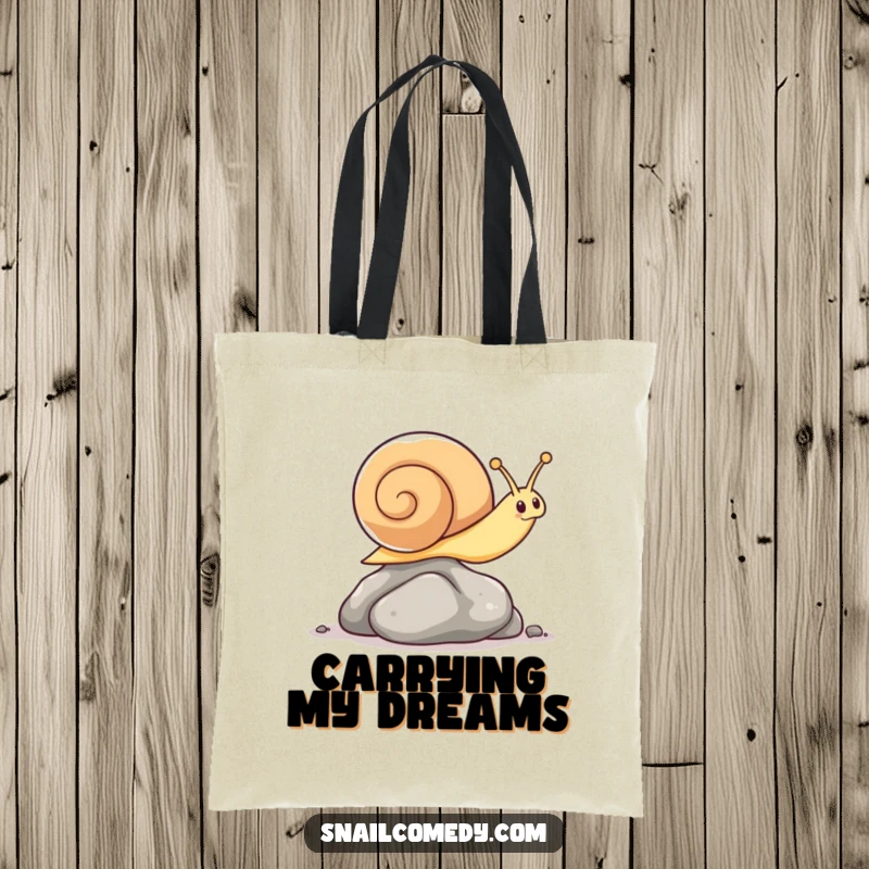 Funny tote bag with a kawaii snail demonstrating surprising agility by leaping over a small pebble.