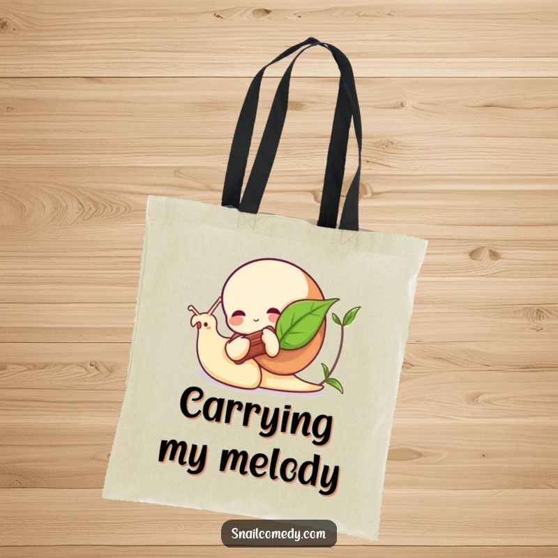 Funny snail tote bag depicting a snail playing a leaf instrument, a charming and functional accessory.
