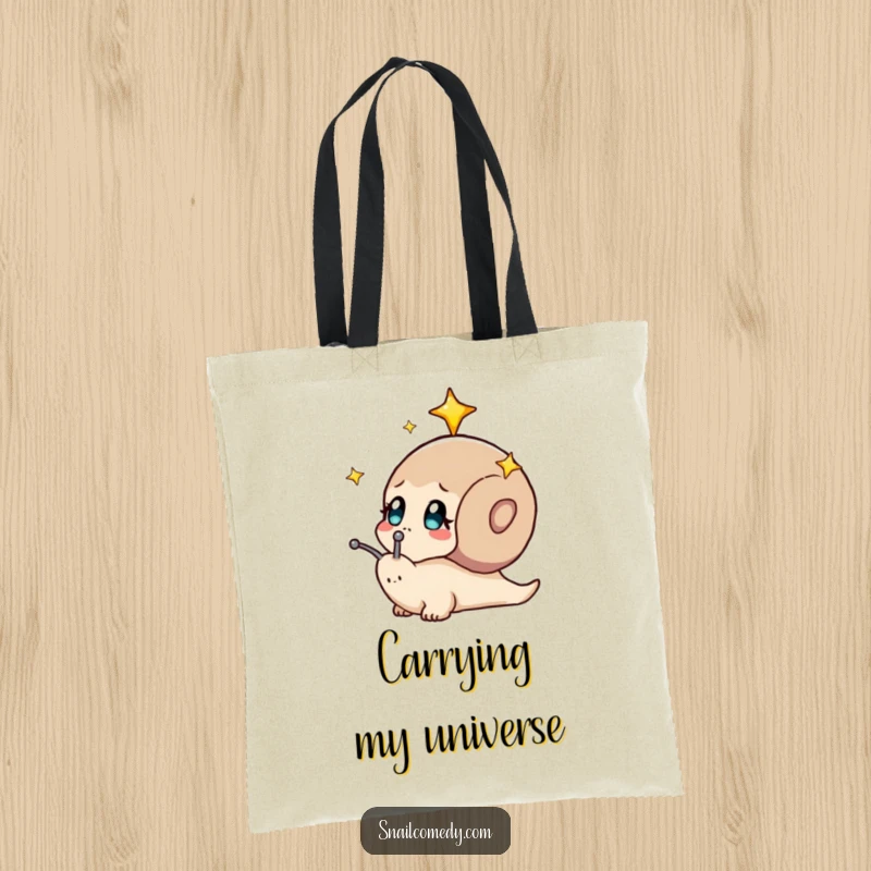 Funny tote bag with a snail looking curiously up at a starry sky. Carry your dreams with this bag.