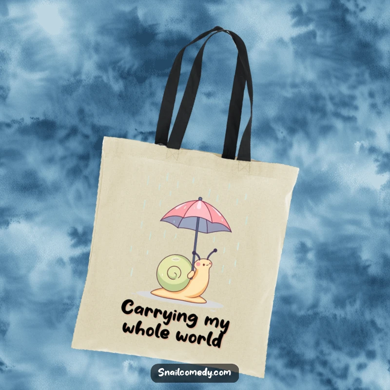 Funny snail character with a miniature umbrella on a durable tote bag, illustrating a humorous rainy day scene, a superb funny gift.