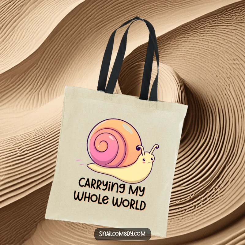 Funny kawaii snail tote bag, a snail with a rainbow shell zooming quickly, showing speed and color.