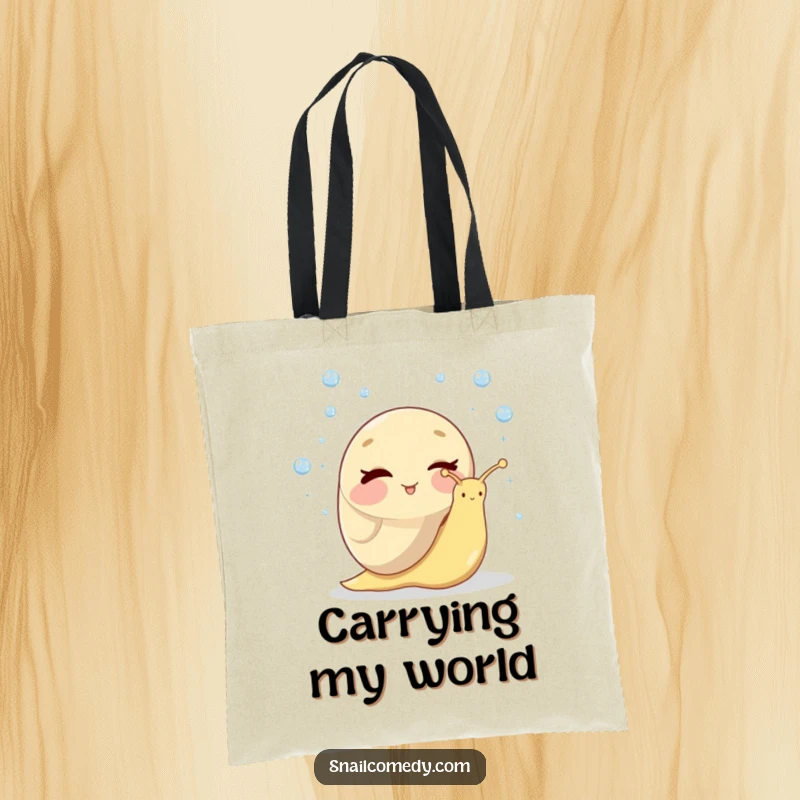 Funny tote bag showcasing a whimsical snail winking while effortlessly juggling small, shimmering dewdrops, perfect for daily errands.
