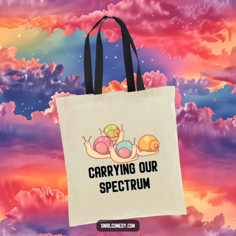 Funny tote bag featuring snails with colorful shells marching in a line, ideal for carrying essentials.
