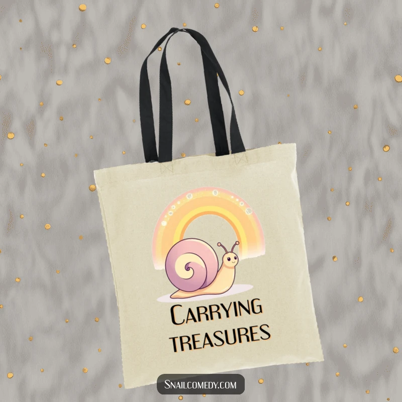 Funny happy snail character admiring an oversized, shimmering rainbow, durable tote bag, great for everyday use.