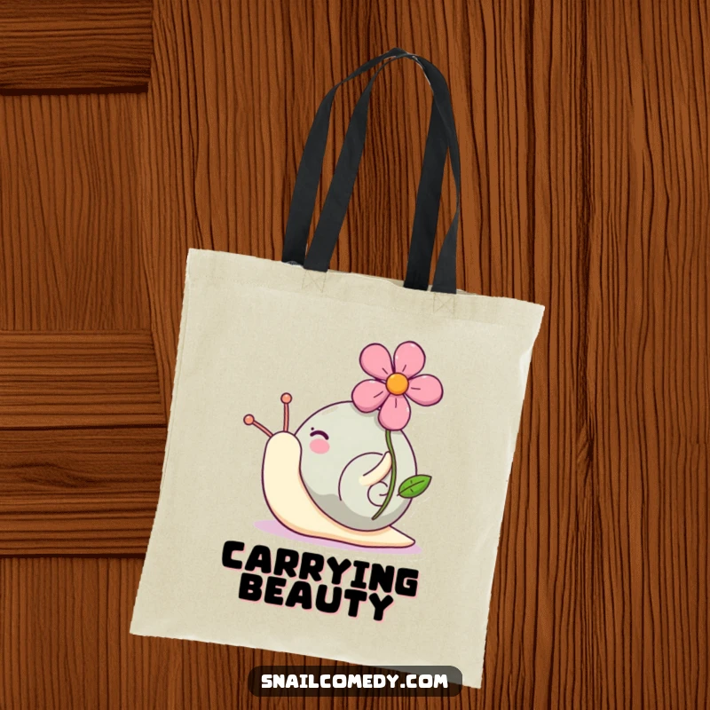 Funny Kawaii snail tote bag with a cute, proud snail carrying a bright flower on its shell, ready for errands.