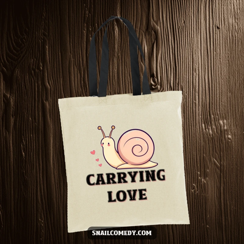Funny Kawaii snail tote bag with a cute snail playfully leaving a trail of little hearts behind it, ready for errands.