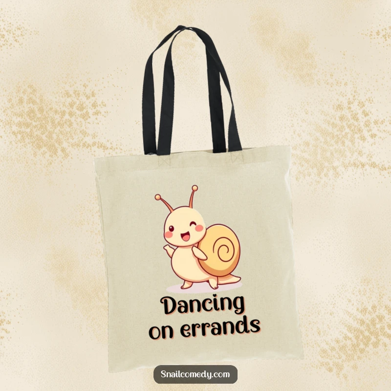 Funny snail tote bag with a joyful snail dancing a jig and wiggling its antennae, ready for adventures.