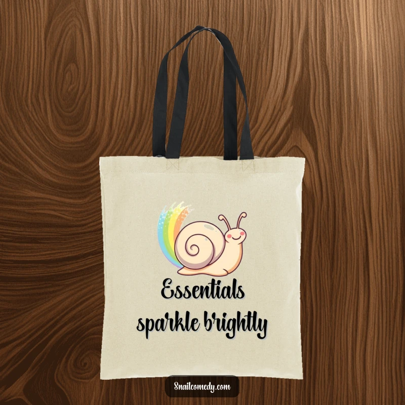 Funny happy snail leaving a shimmering rainbow trail behind on a spacious tote bag, a vibrant funny gift.