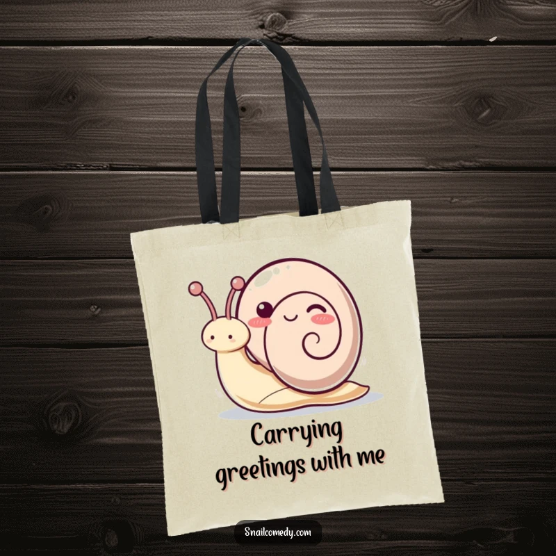 Funny kawaii snail tote bag with a playful snail waving its antennae, ideal for carrying items with a touch of fun.