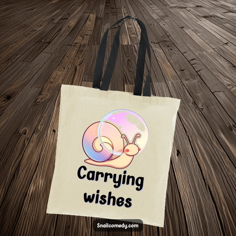 Funny tote bag with a kawaii snail blowing a large, shimmering, iridescent bubble.