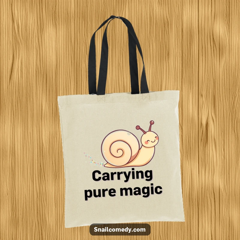 Cute kawaii snail leaving a shimmering glitter trail on a durable tote bag, for magical adventures.