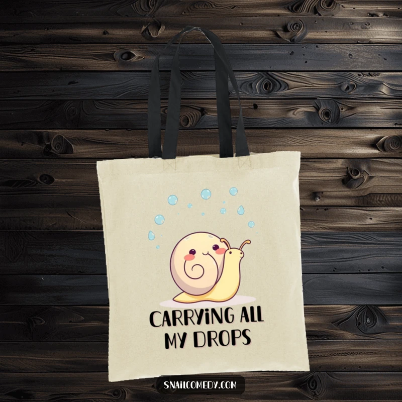 Funny kawaii snail tote bag, a happy snail juggling small raindrops, perfect for rainy day carryalls.