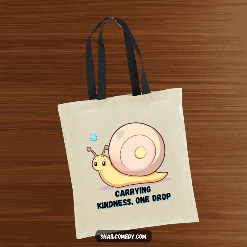 Funny kawaii snail with a shy smile, offering a glistening dewdrop, durable and humorous tote bag.