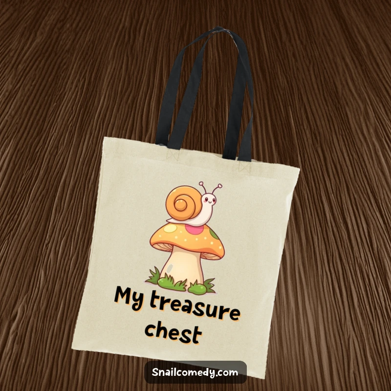 Funny Kawaii Snail Tote Bag: Cute snail waving flag from mushroom, stylish and practical funny gift.