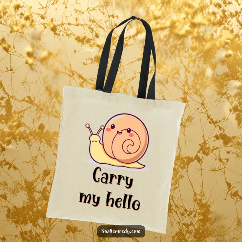 Funny Kawaii snail’s enthusiastic antenna wave on a tote bag, offering a friendly vibe.