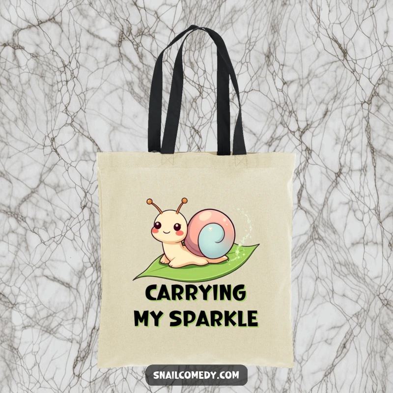 Funny Tote Bag: Smiling snail leaving a sparkly trail on a leaf, great for shopping and showcasing magical vibes.
