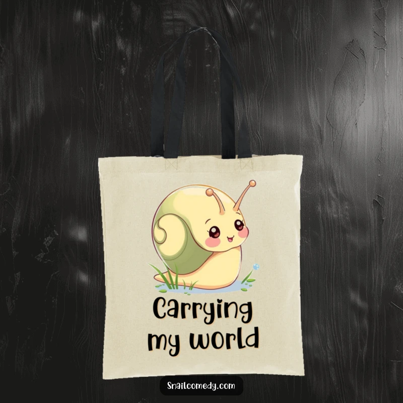 Funny tote bag illustrating a joyful snail character reaching for sparkling morning dew, perfect for carrying groceries or books.