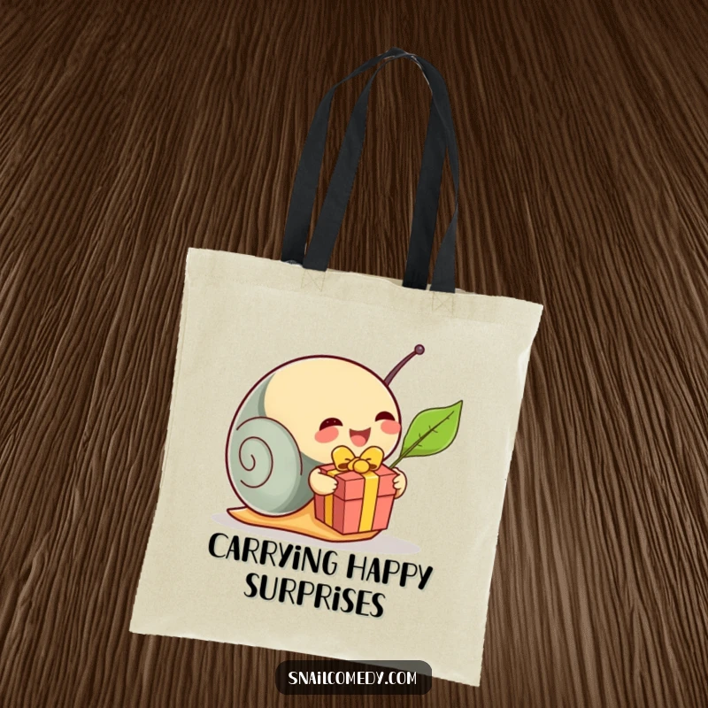 Funny snail unwrapping a leaf present on a stylish tote bag, embodying festive joy and surprise, a superb funny gift.
