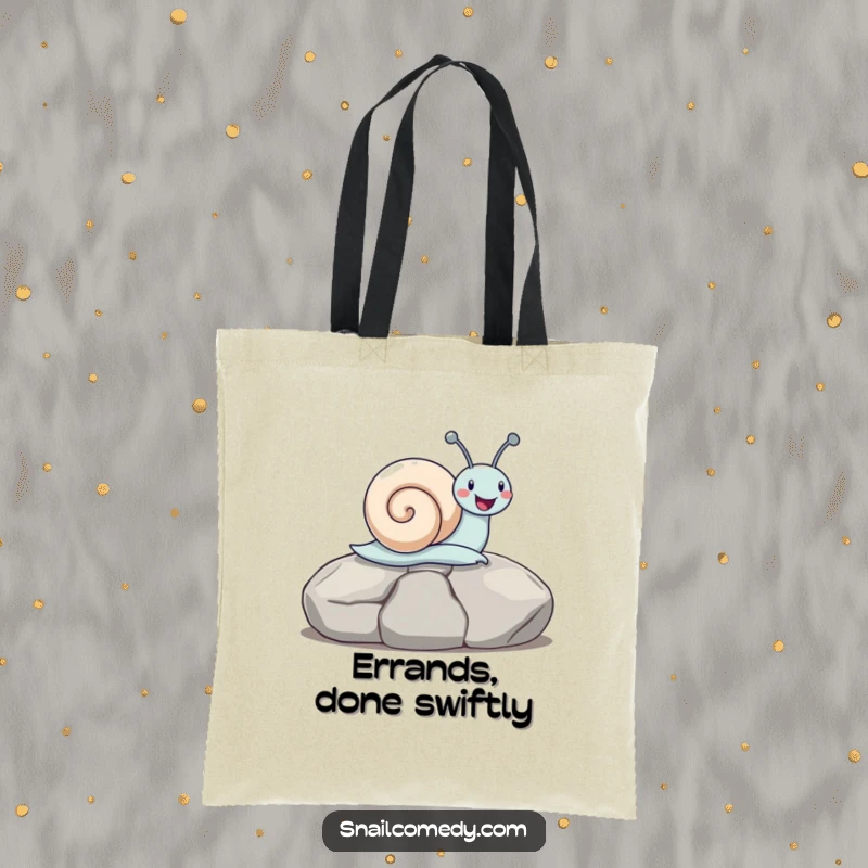 Funny snail gleefully sliding down a smooth stone on a stylish tote bag, embodying fun and freedom, a superb funny gift.